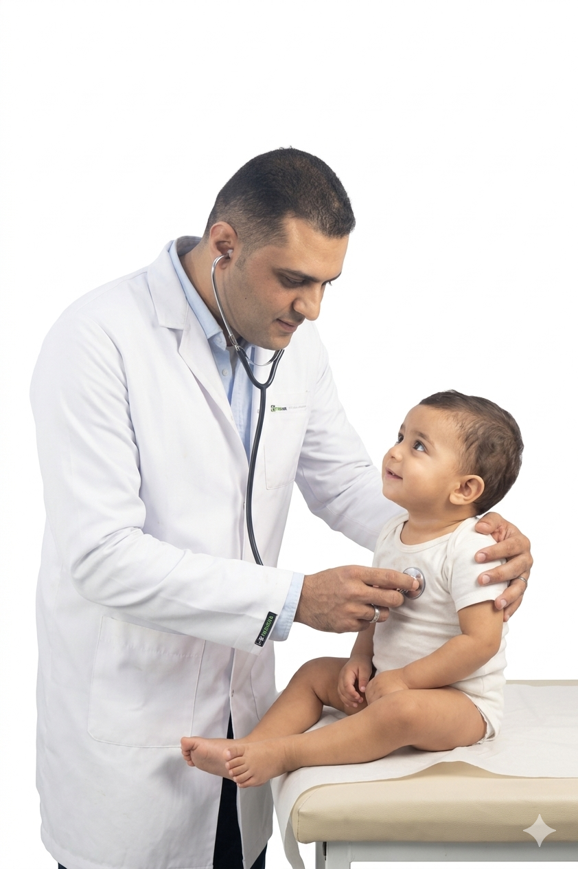 دكتور أحمد جمال أمين - أخصائي طب الأطفال وحديثي الولادة يقوم بفحص طفل رضيع